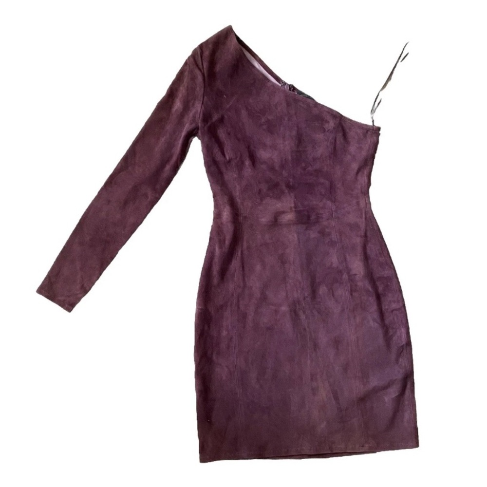As by Df Suede One Shoulder Dress Wine Burgundy Leather Women Small Zip Bodycon